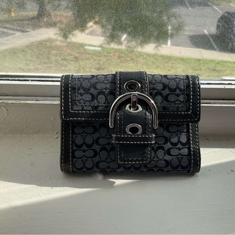 Coach Black and Gray Signature Canvas Buckle Wallet